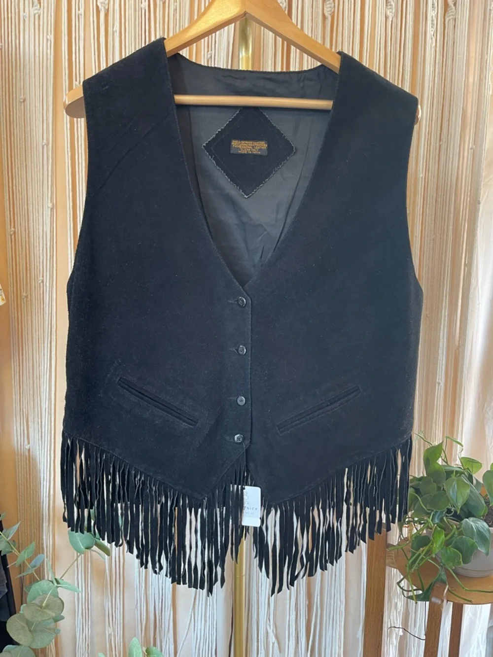 Vintage black suede leather fringe vest with cotton Mexican Dobby fabric back - Picture 8 of 9